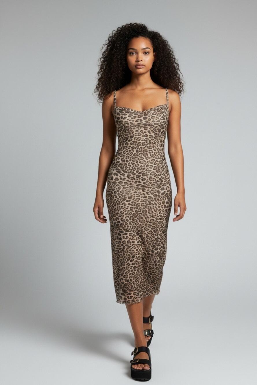 Kirious Leopard Print Cowl Neck Midi Slip Dress Mesh Lettuce Edge Hem 90s Y2K